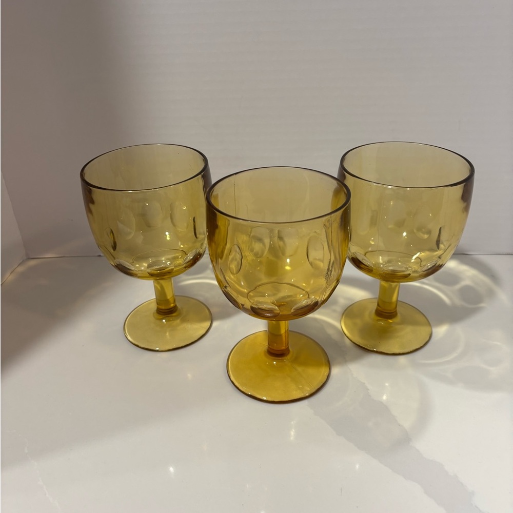 Vtg 1970’s Set of 3 Bartlett Collins Thumbprint Amber Goblets